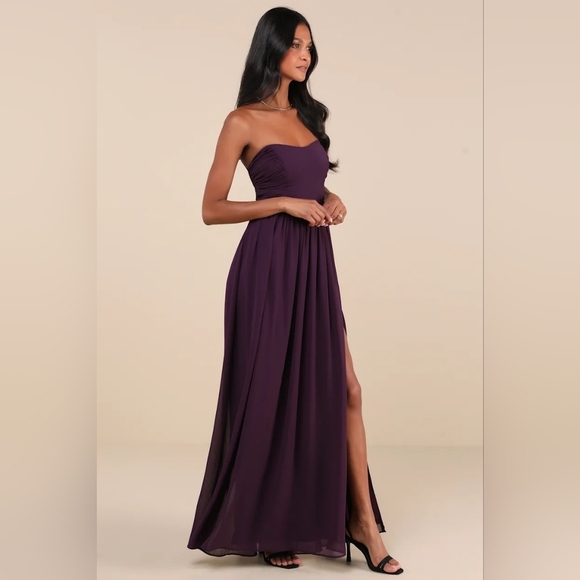 Lulus Luxe Favorite Dark Purple Strapless Ruched Maxi Dress L Wedding Party Prom - Picture 3 of 9